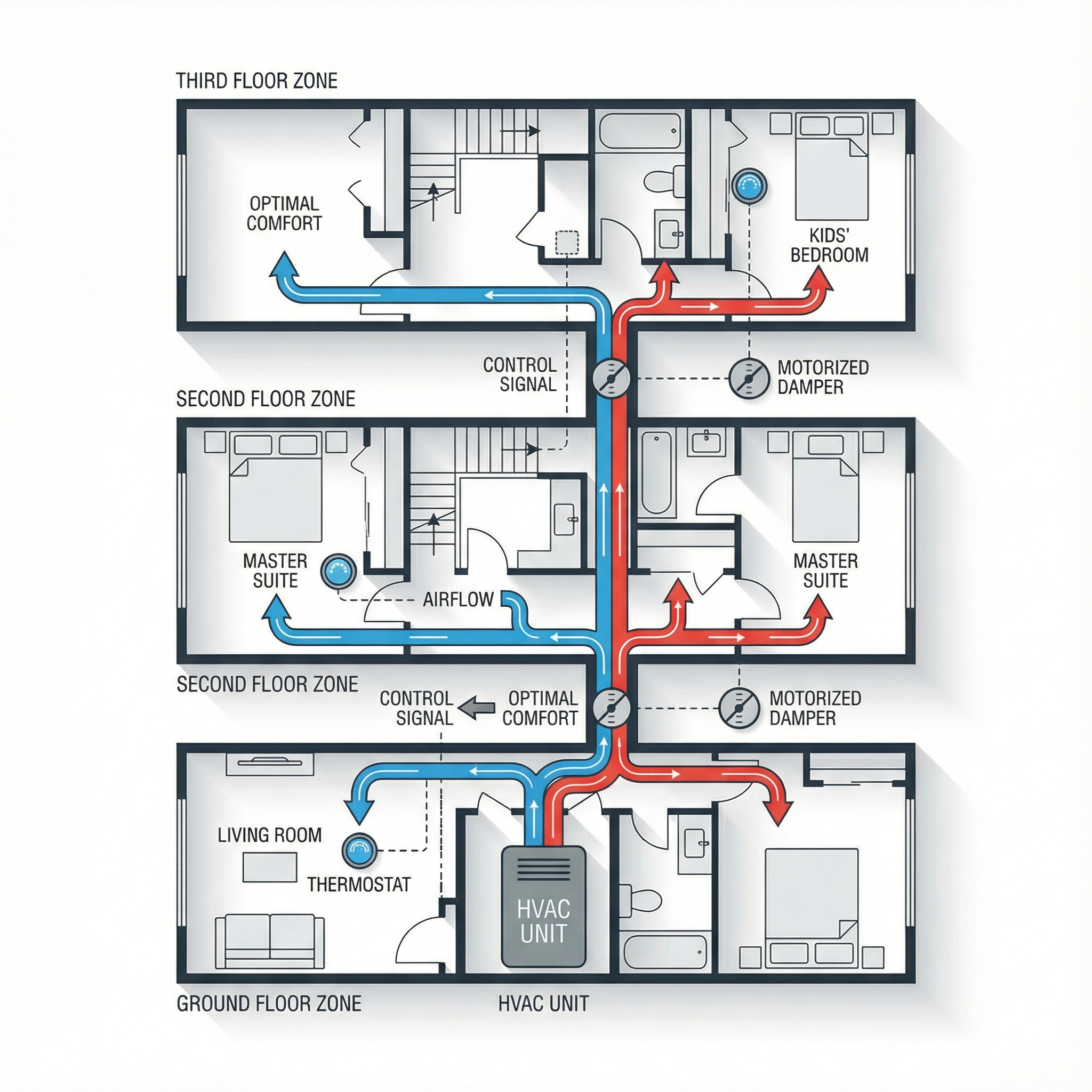 An informative diagram illustrating a zoned HVAC system layout for multi-story townhomes