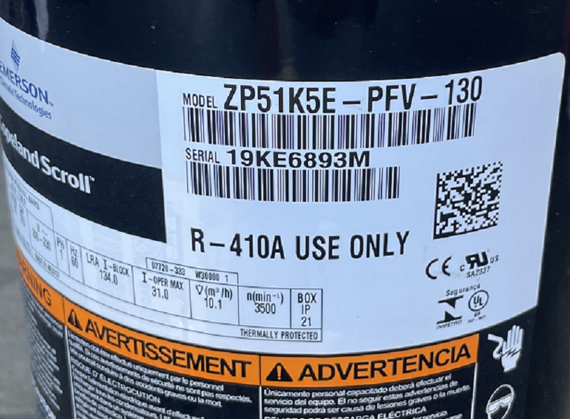 4.0+ Ton Copeland Scroll Compressor ZP51K5EPFV130 (893M), w/ Crankcase Heater (F)