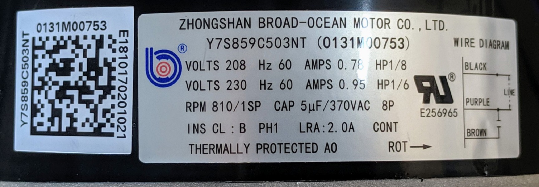 Condenser fan motor 208V (1/8 HP), 230V (1/6 HP) 810 RPM, 0131M00753