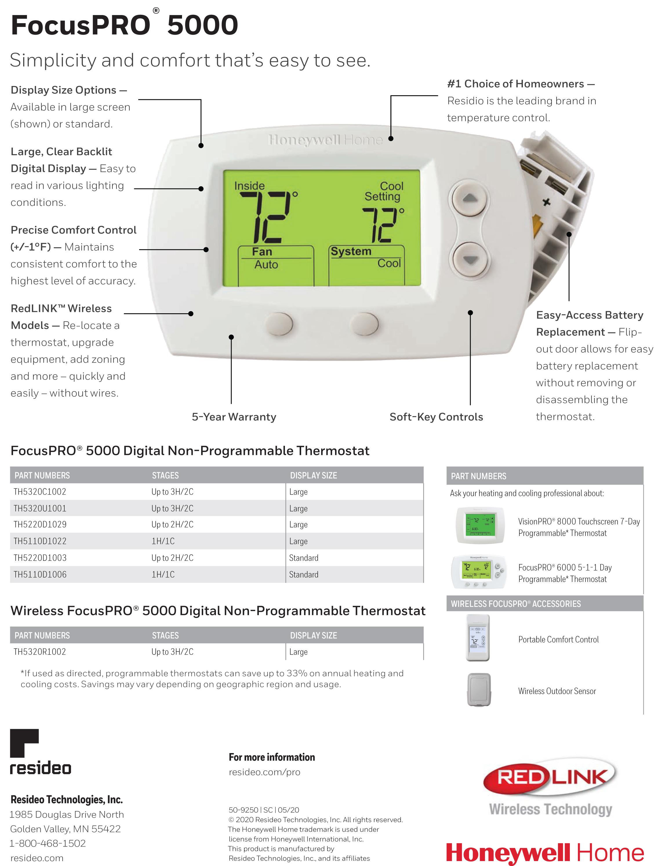Honeywell Thermostat Non-Programmable 2H/1C Heat Pump or 2H/2C Conventional Pro 5000 TH5220D1003 (Closeout Special FL)