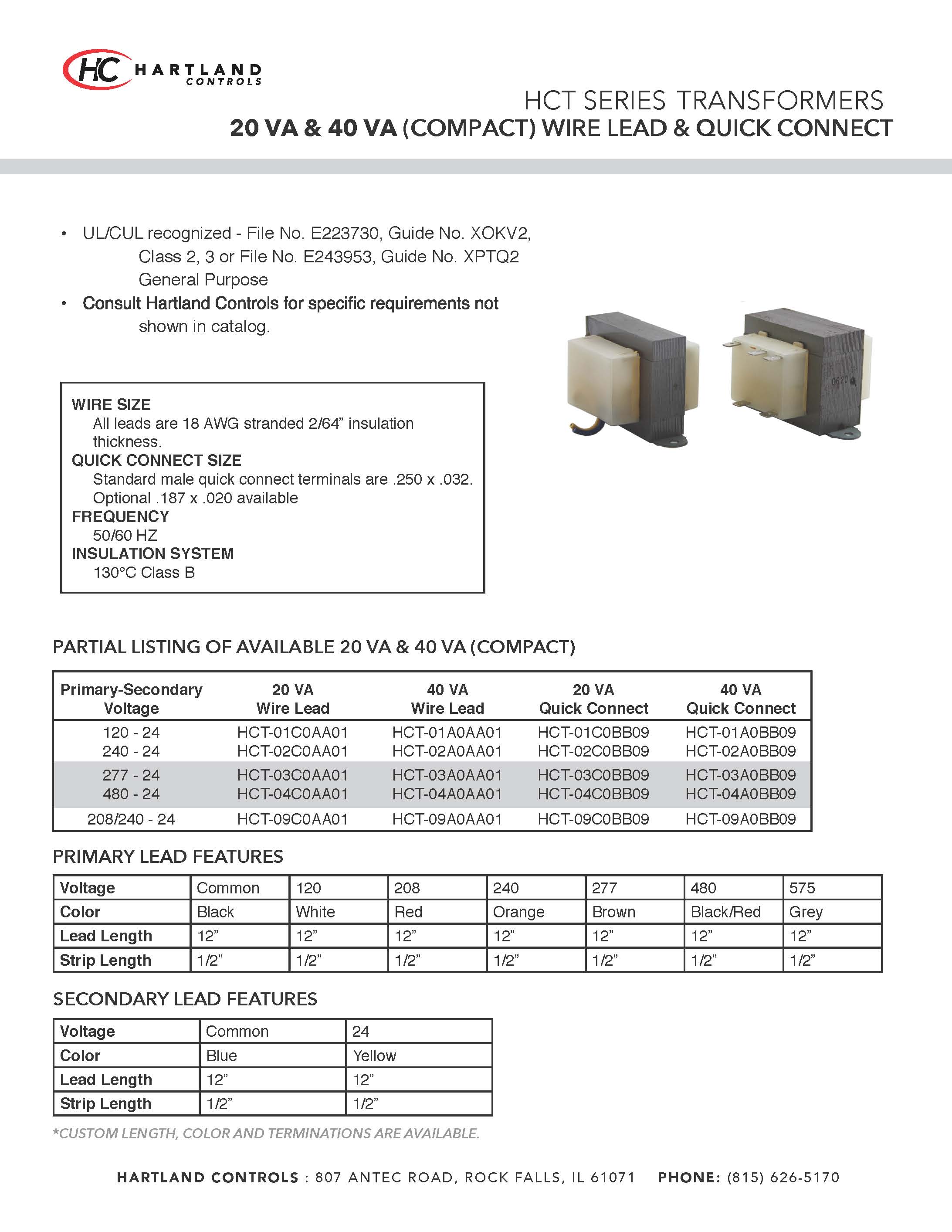 Transformer with wire leads universal 24 VAC 40 VA 120/208/240 Volt TP-40VA