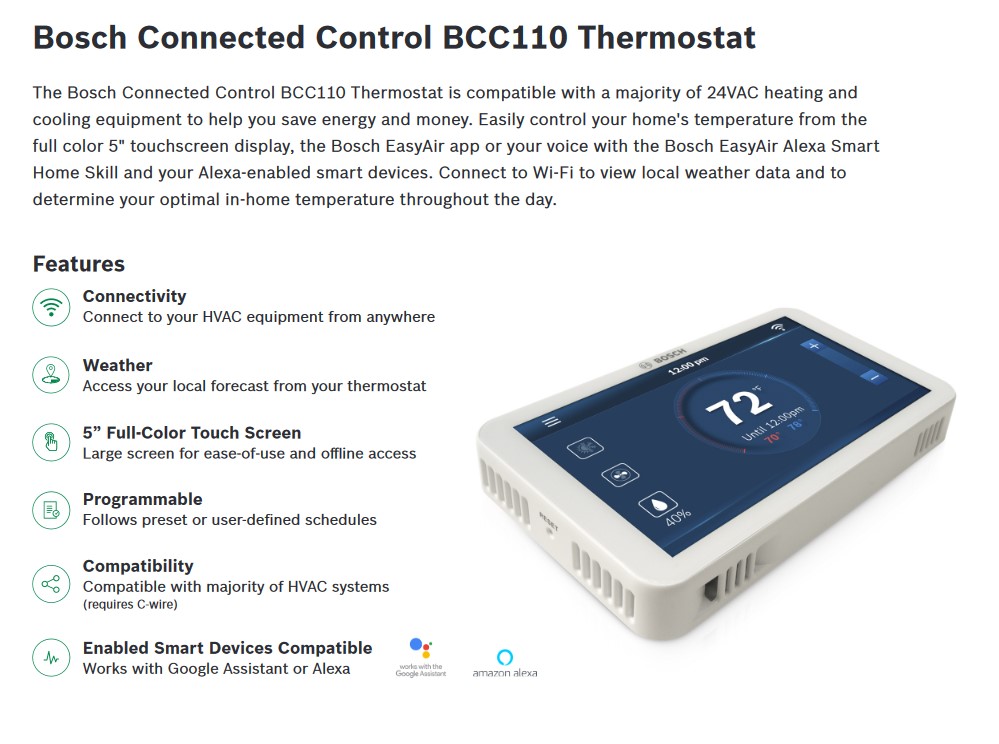 Bosch WiFi Touchscreen 4H/2C Thermostat, BCC110