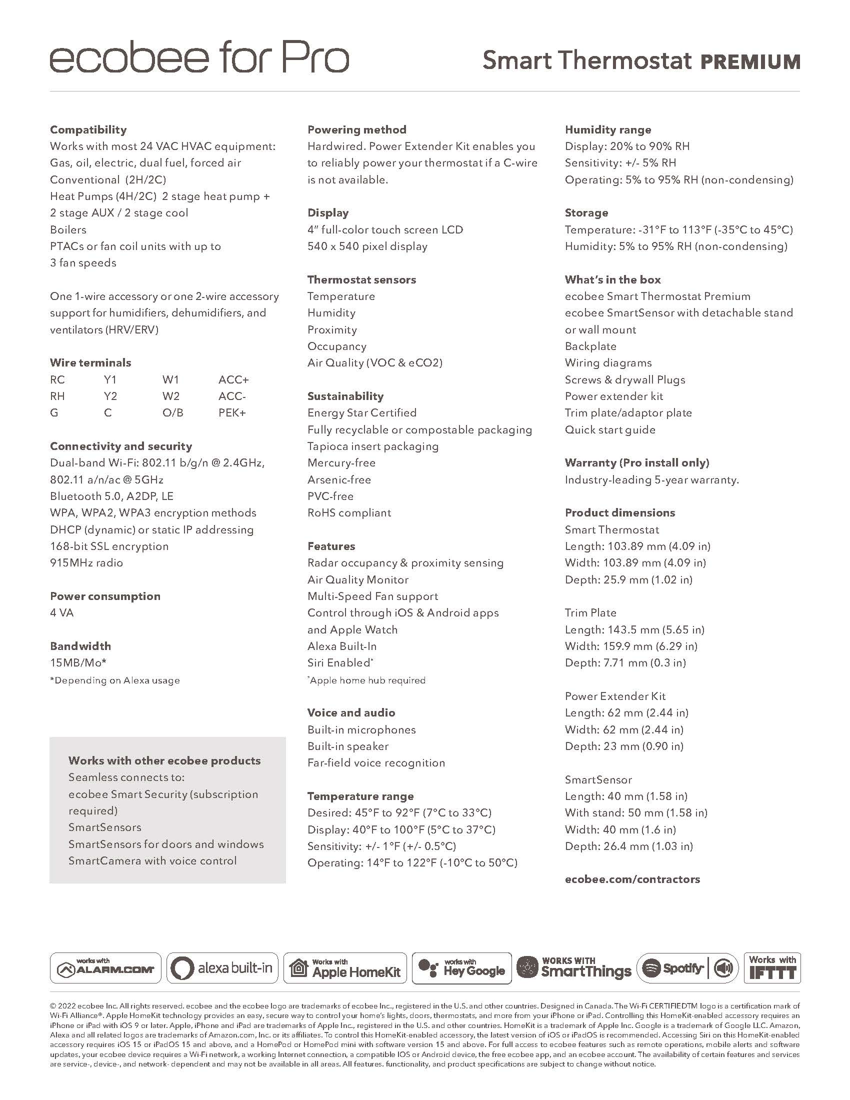 Ecobee 4H/2C Touchscreen Smart Premium Pro WiFi Programmable Thermostat with Smart Sensor EB-STATE6P-01