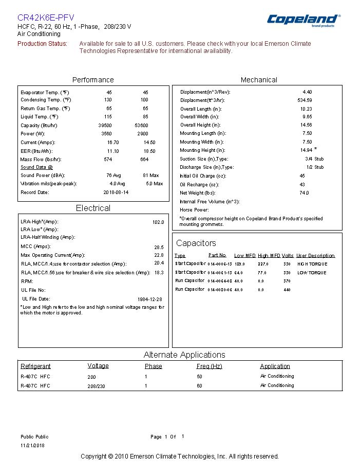 Copeland Reciprocating Compressor 3.5 Ton CR42K6EPFV875
