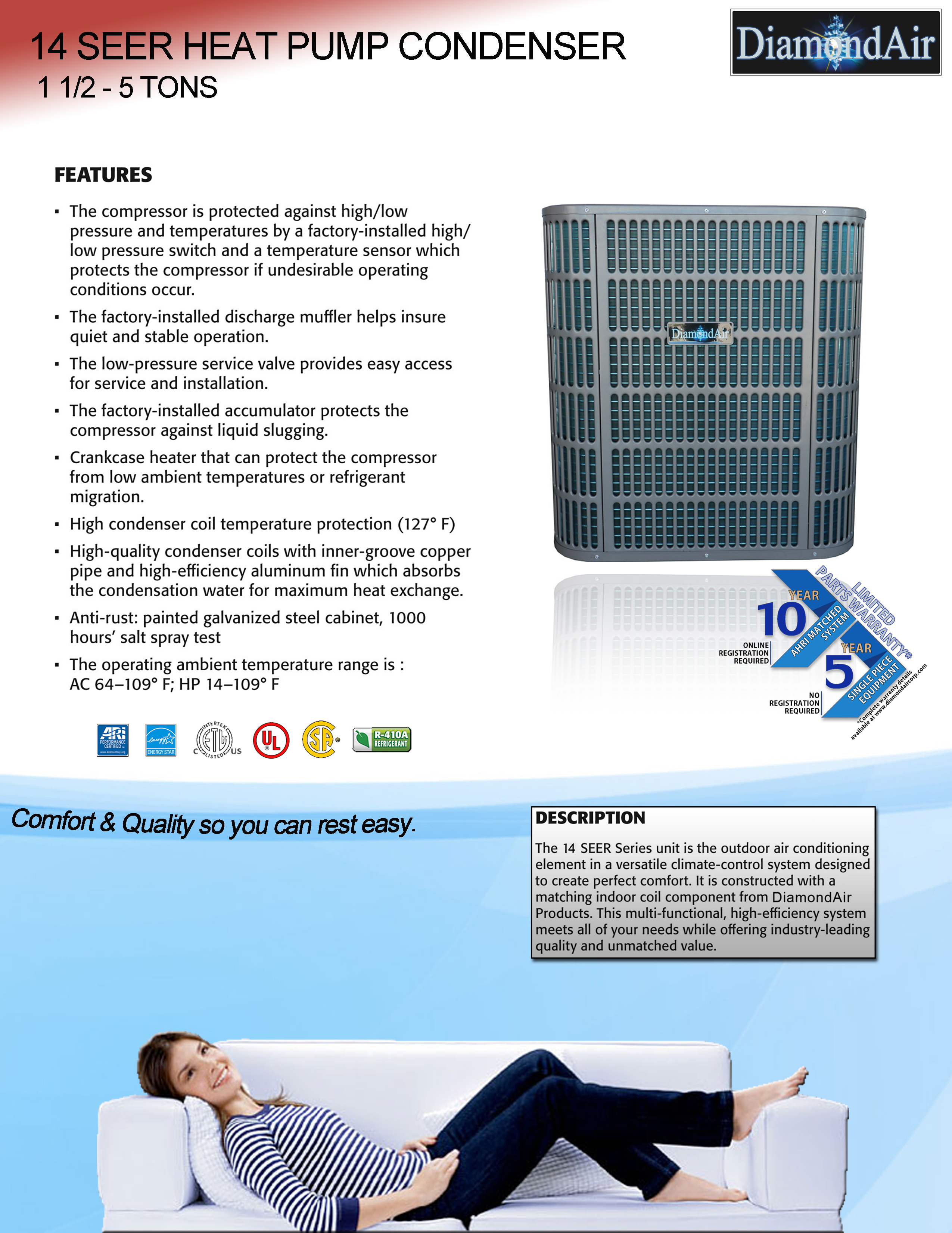 2 Ton DiamondAir 14 SEER Heat Pump System, D1424HCL (8289) NO BOX, D1424HAEB (F)