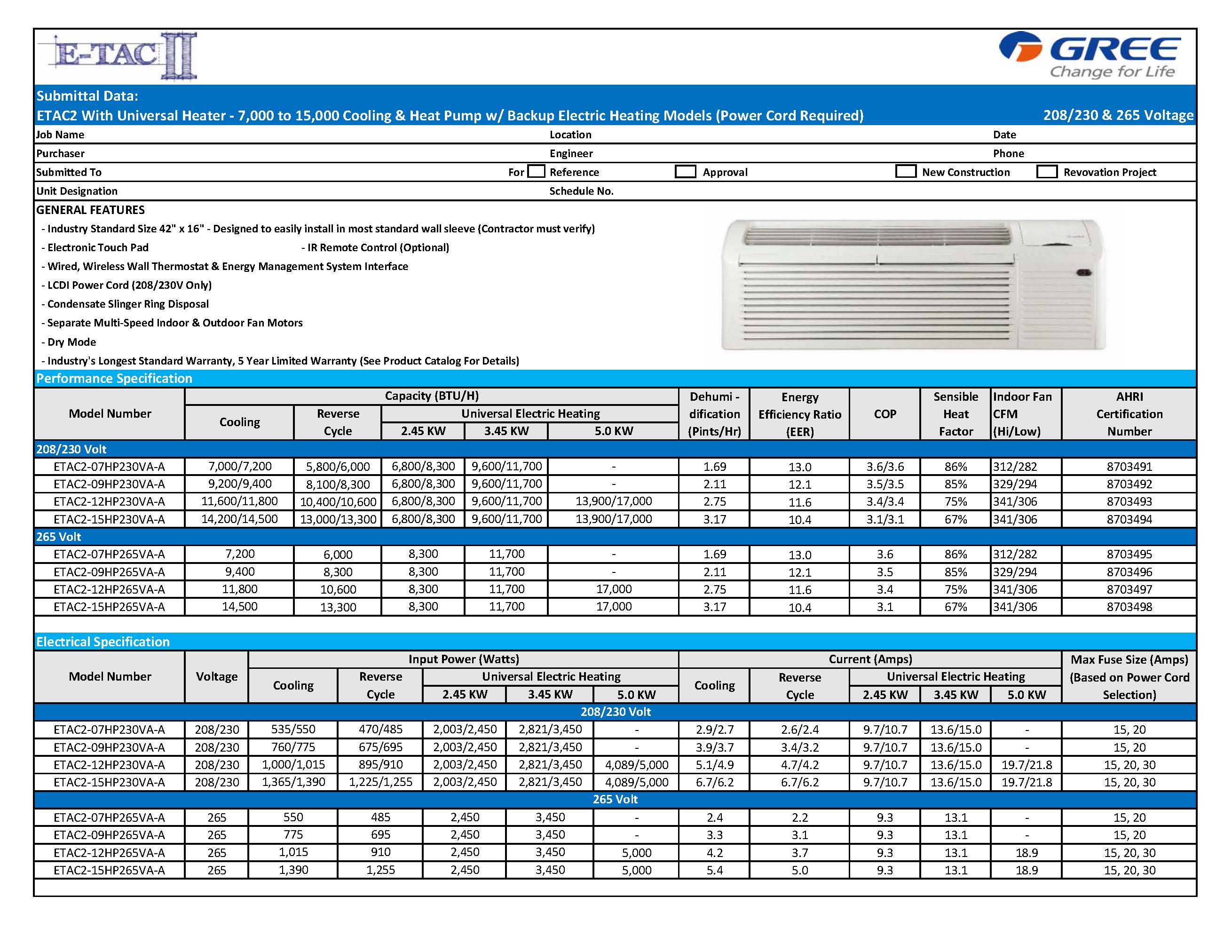 Gree PTAC 12,000 BTU Heat Pump Air Conditioner With 3.45kW Heater and 20amp power cord, ETAC212HP230VACP (2292)