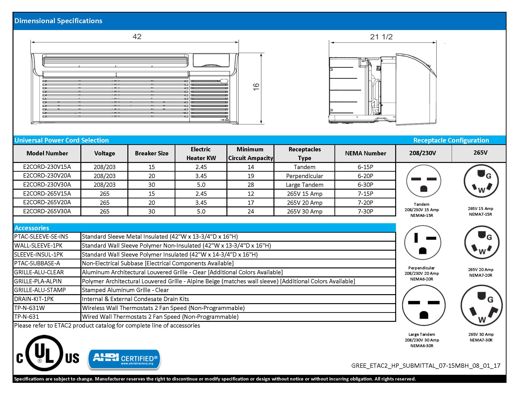 Gree PTAC 12,000 BTU Heat Pump Air Conditioner With 3.45kW Heater and 20amp power cord, ETAC212HP230VACP (2292)