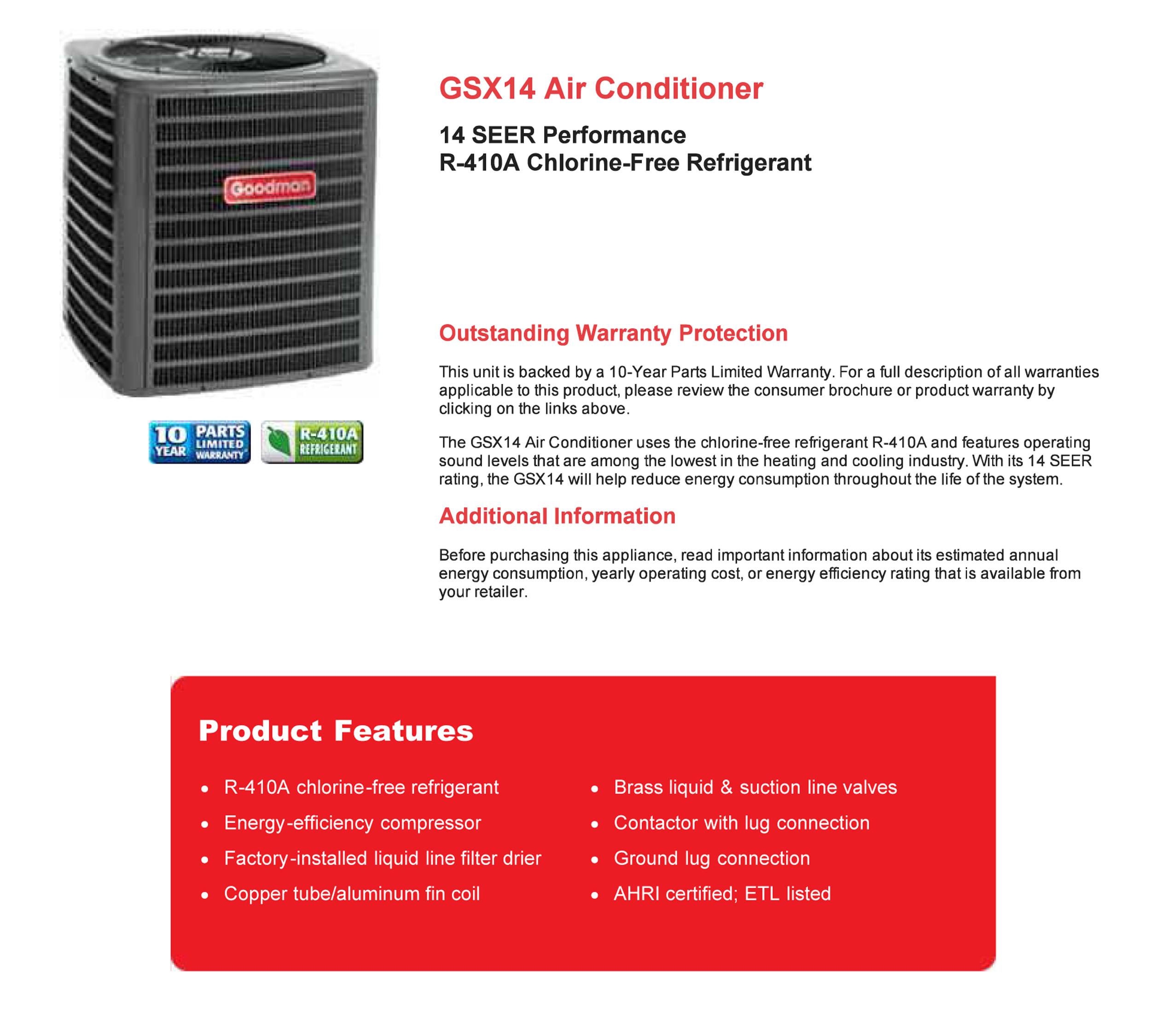 1.5 Ton Goodman 14 SEER Central System GSX140181, AWUF19 WALL MOUNT Apartment/Condo Type (T)
