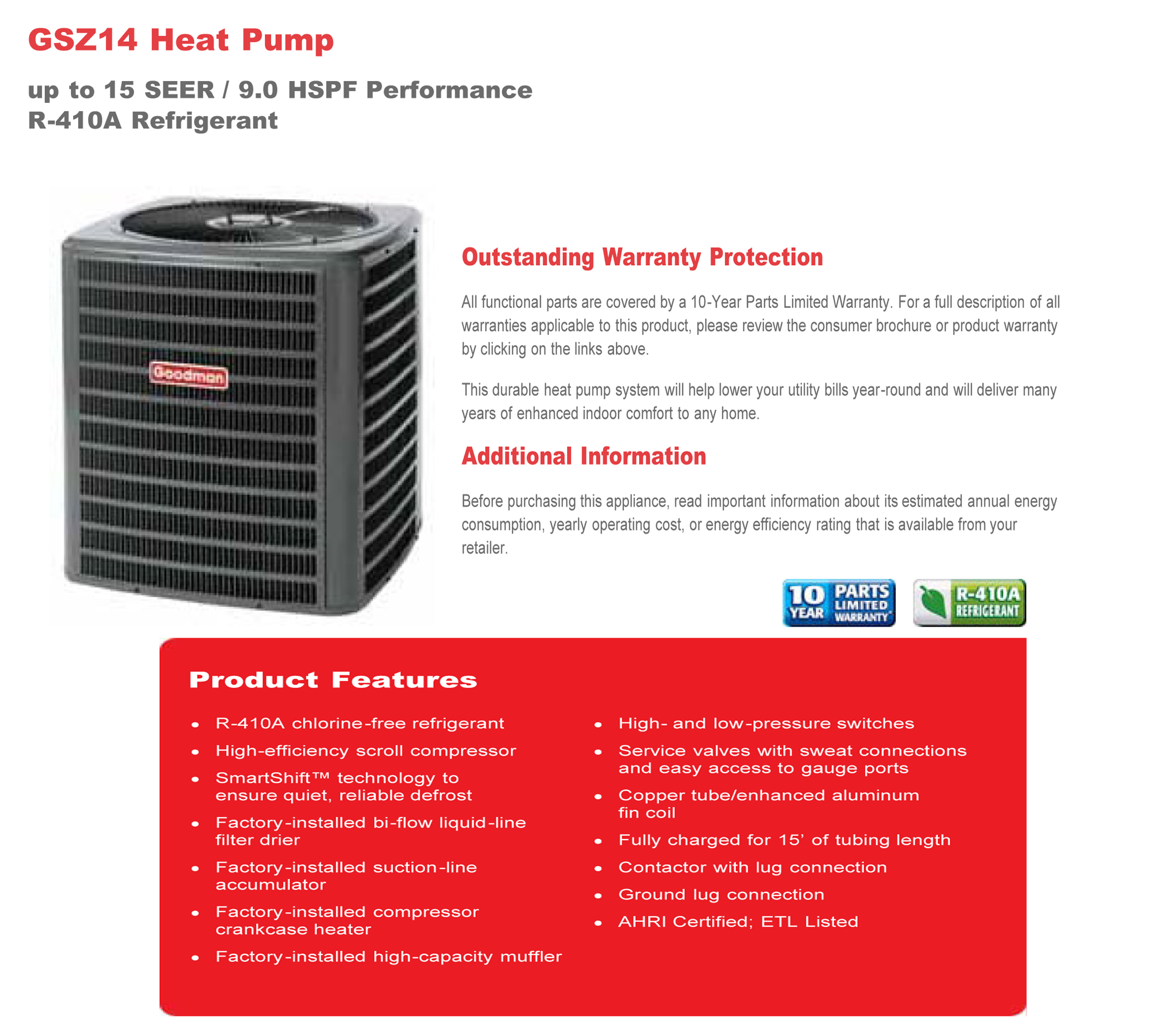 3 Ton Goodman 15 SEER Heat Pump System GSZ140361, AVPTC49D14 (2307) Variable Speed (T)