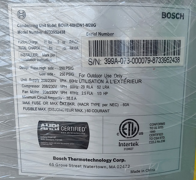 4 Ton Bosch 20 SEER Heat Pump Inverter System 2.0 Series BOVA-60HDN1-M20G (7987), BVA-48WN1-M20 (F)