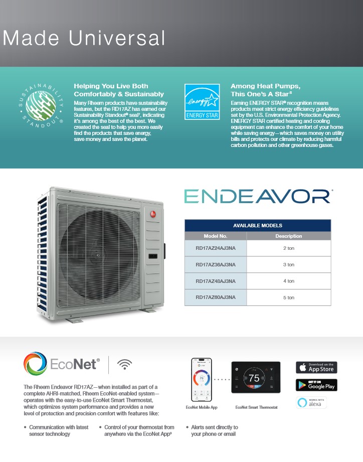 4 Ton Rheem 17 SEER2 Heat Pump R-410A Condenser RD17AZ48AJ3NA (Closeout Special)(F)