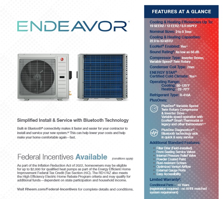 4 Ton Rheem 17 SEER2 Heat Pump R-410A Condenser RD17AZ48AJ3NA (Closeout Special)(F)