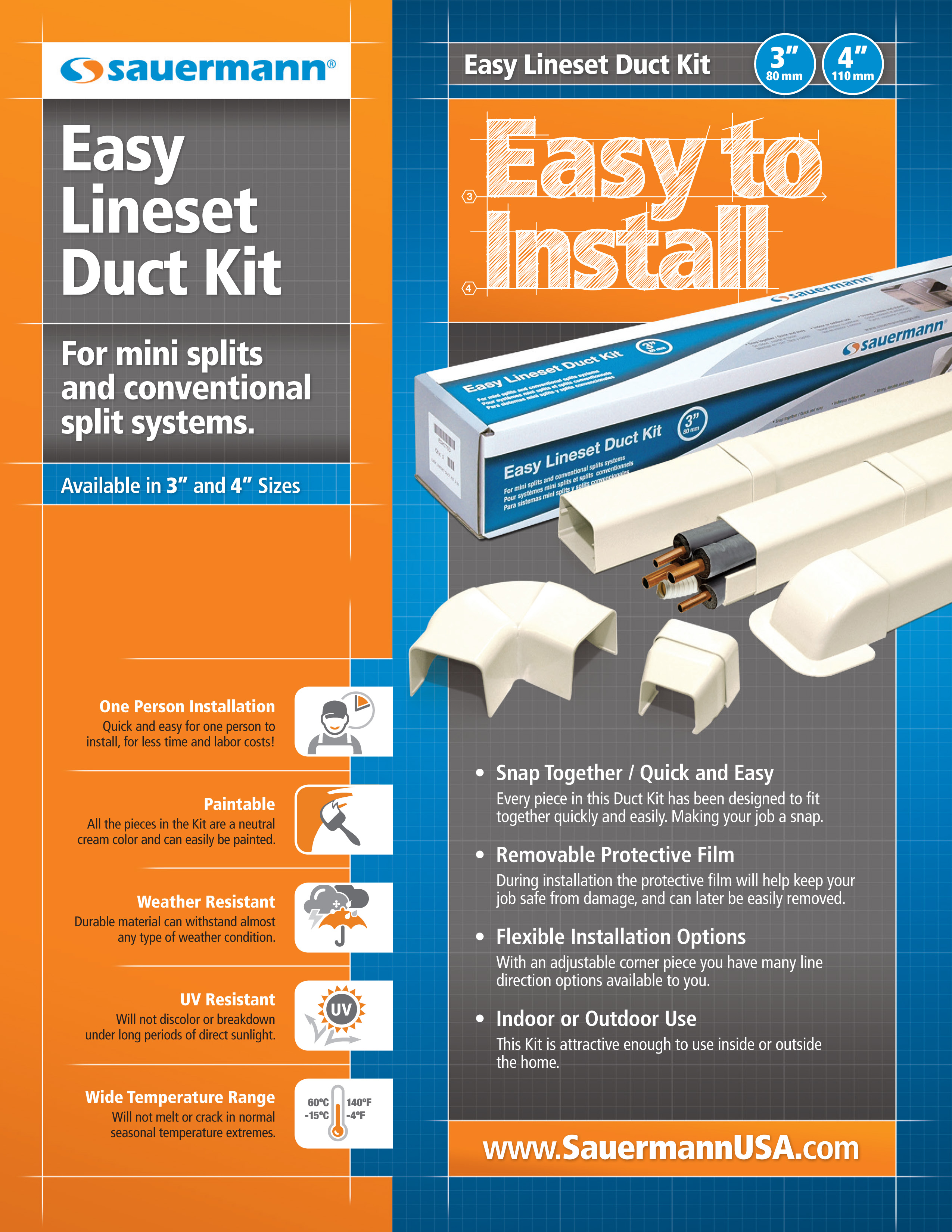 Mini Split PVC Copper Line Cover 4in Boxed UV Resistant Kit Sauermann, ED4000SIUS00