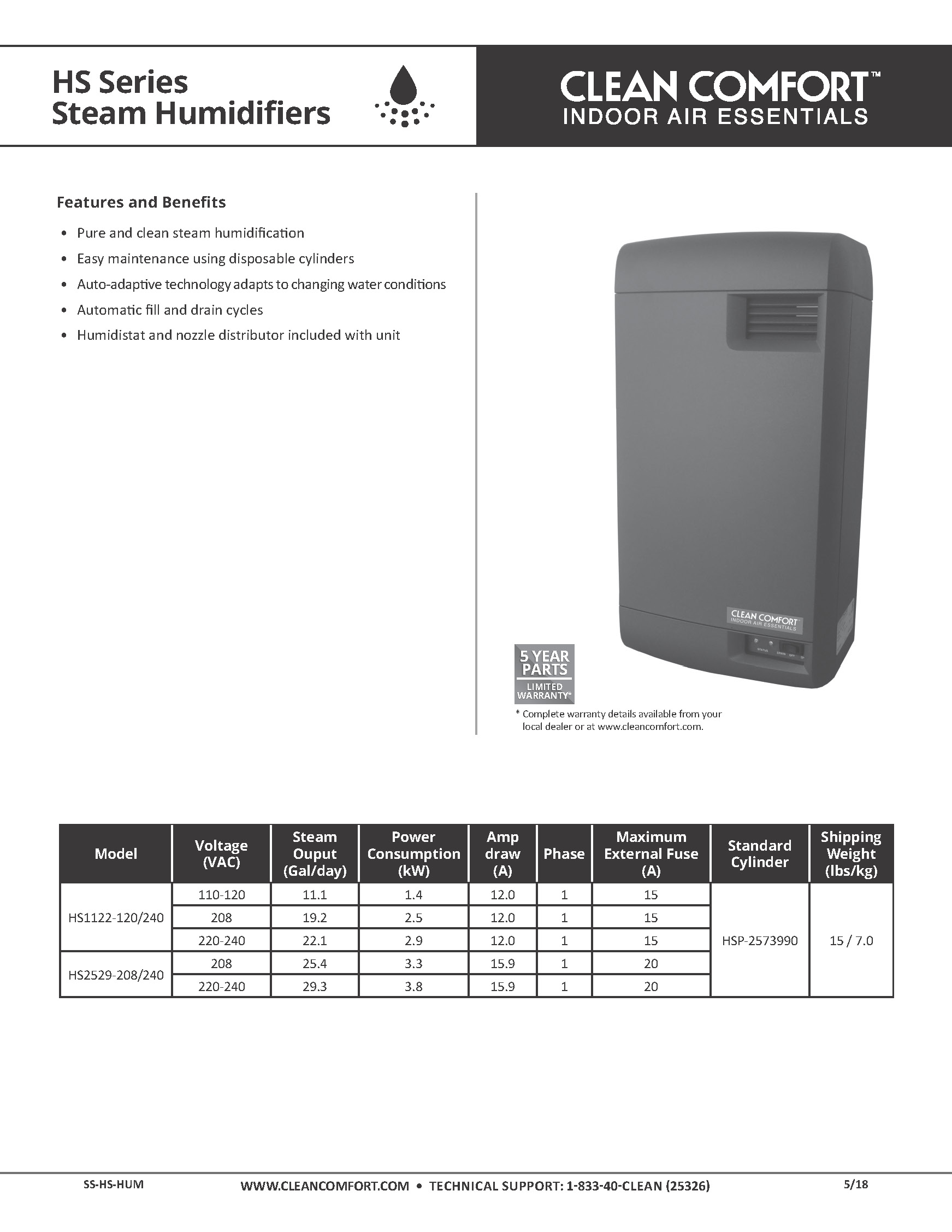 Steam Humidifier Whole-House Clean Comfort 25-29 GPD Model HS2529