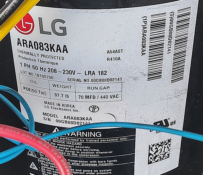 LG Pool & Spa Heat Pump 137,000 BTU Scroll Compressor, ARA083KAA (F)