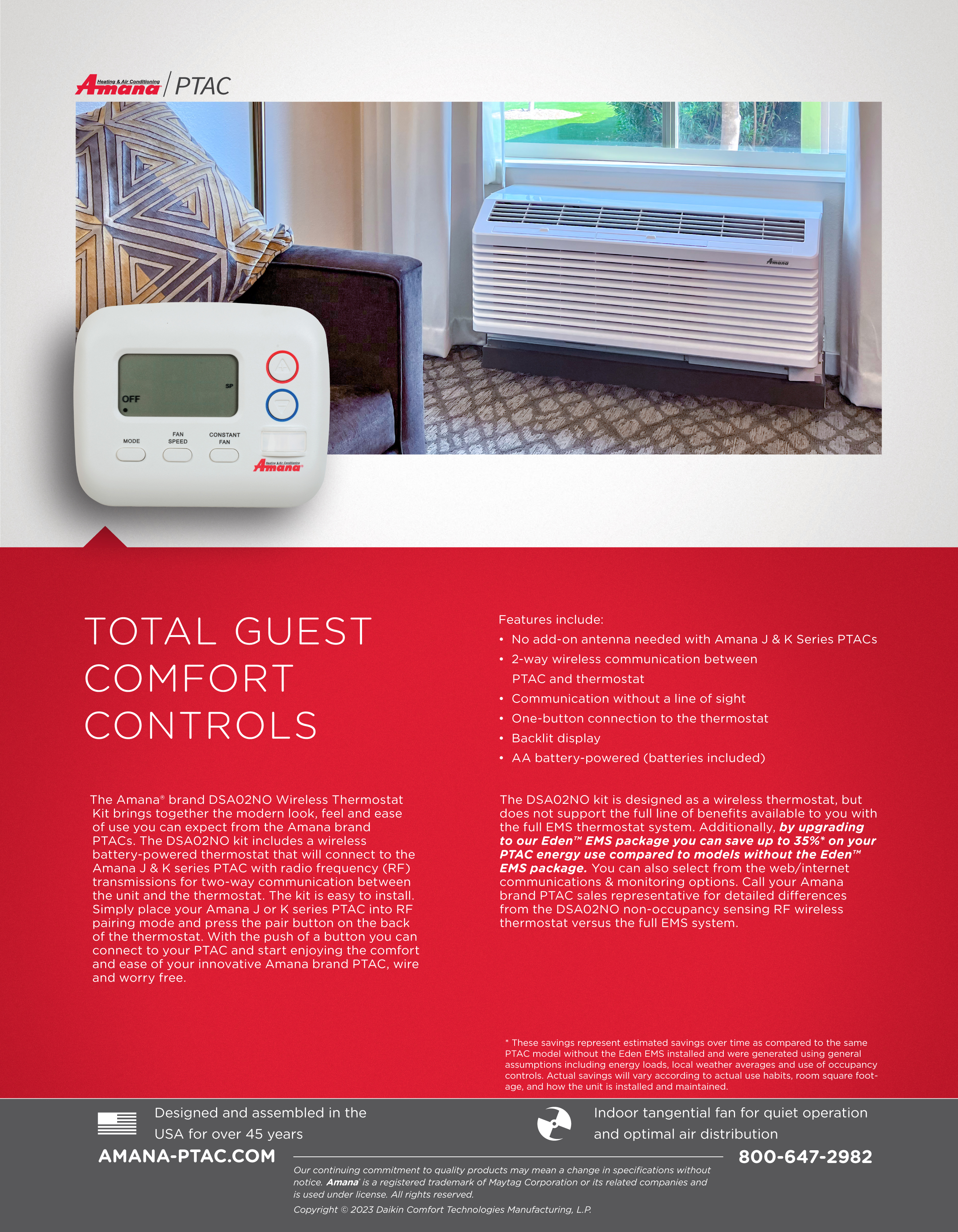 Amana PTAC 2H/1C Wireless Thermostat, DSA02NO