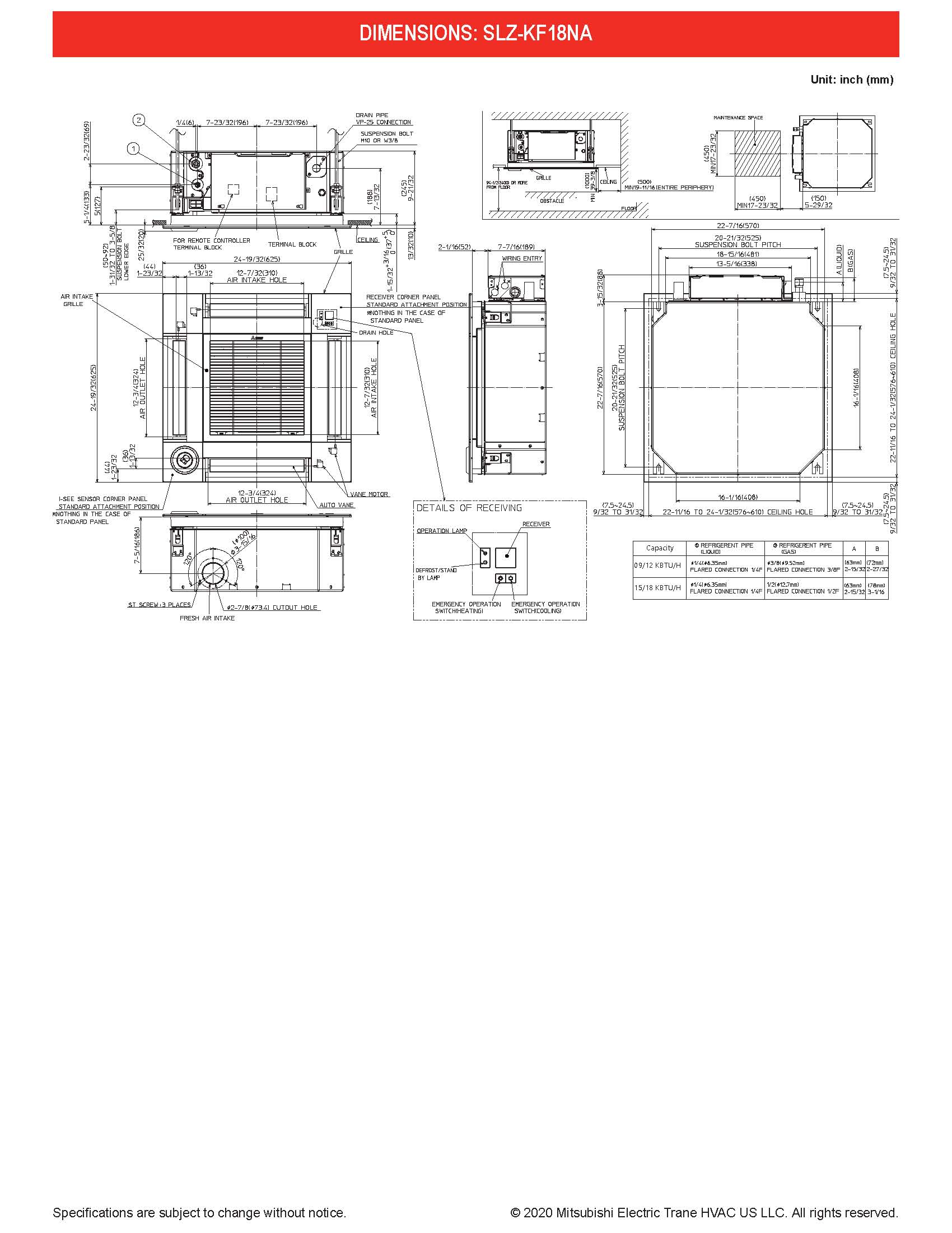 Mini Split 18,000 BTU Mitsubishi 20.7 SEER Ceiling Cassette Heat Pump System SUZ-KA18NA2, SLZ-KF18NA