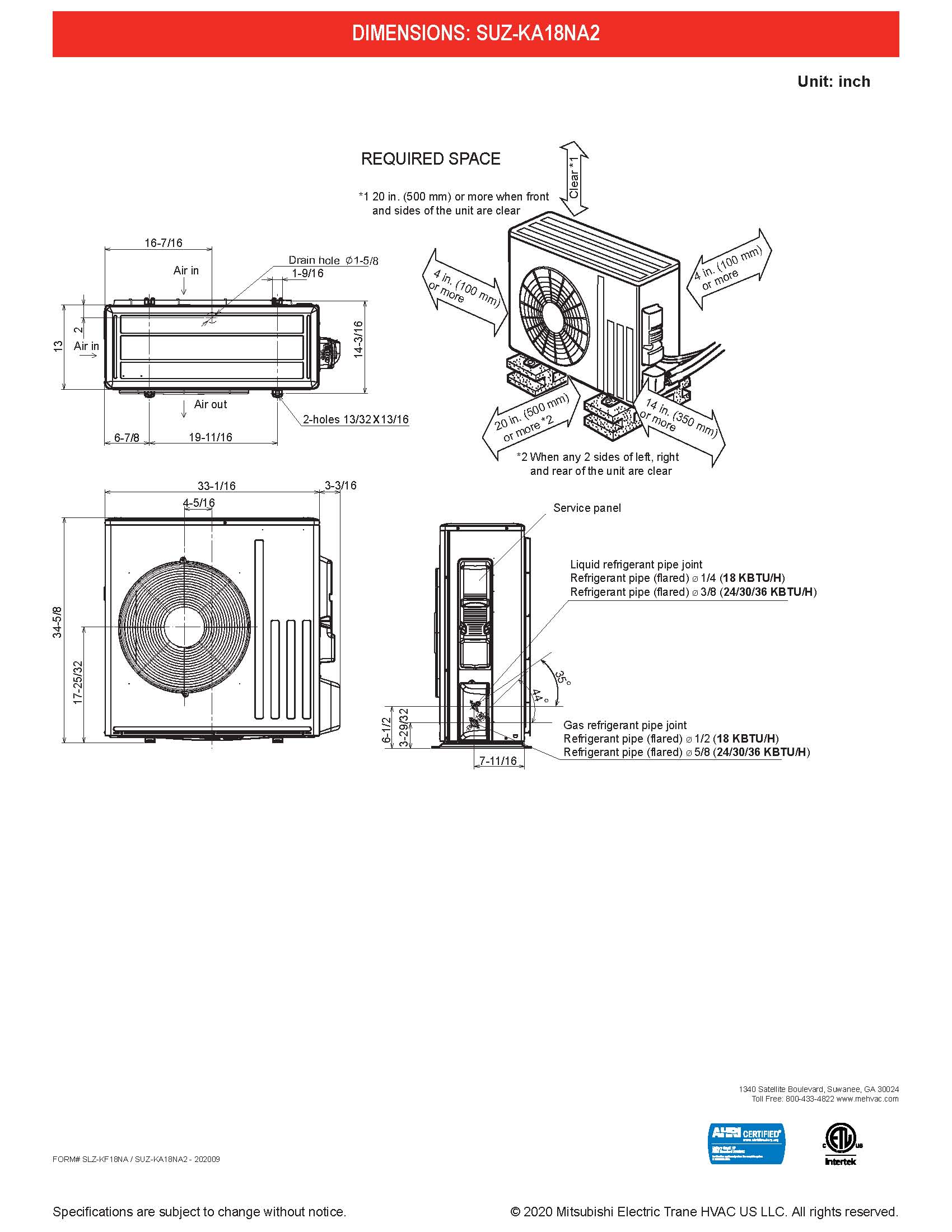 Mini Split 18,000 BTU Mitsubishi 20.7 SEER Ceiling Cassette Heat Pump System SUZ-KA18NA2, SLZ-KF18NA