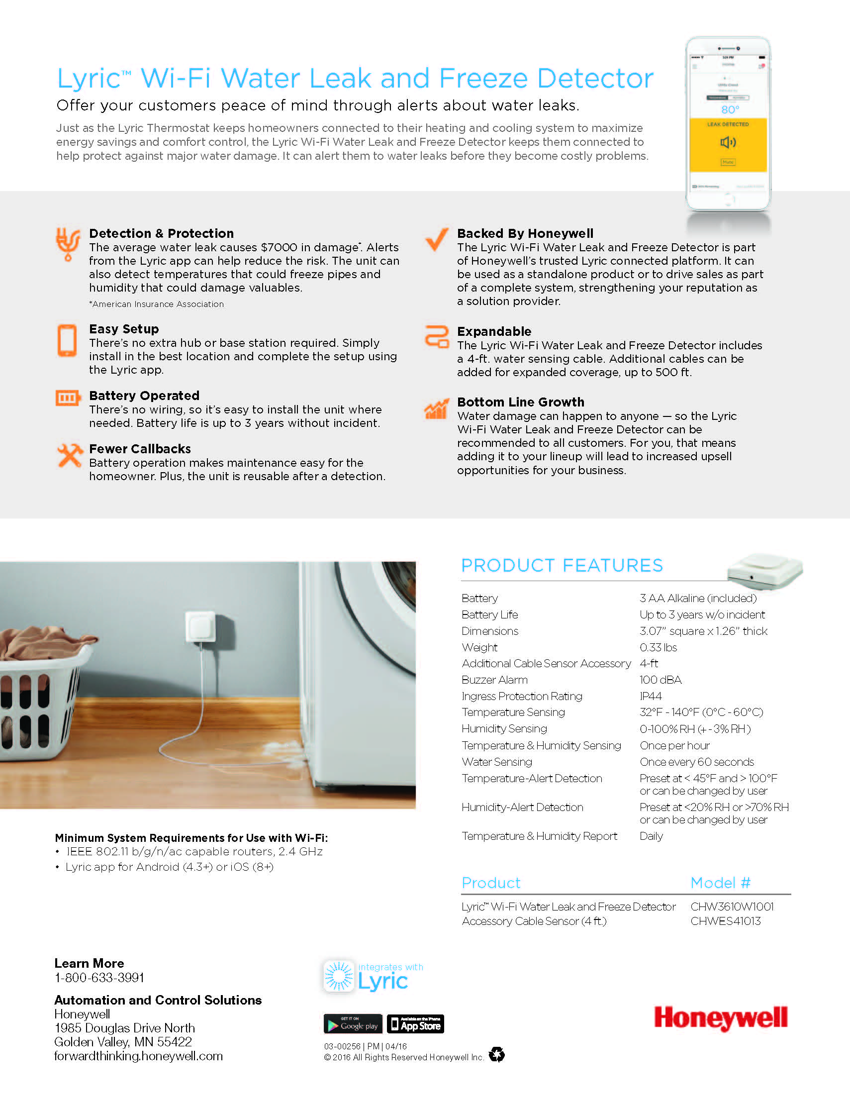 Honeywell Lyric Water Leak, Humidity, Temperature & Freeze Detector WiFi, CHW3610W1001/U (Closeout Special) (T)