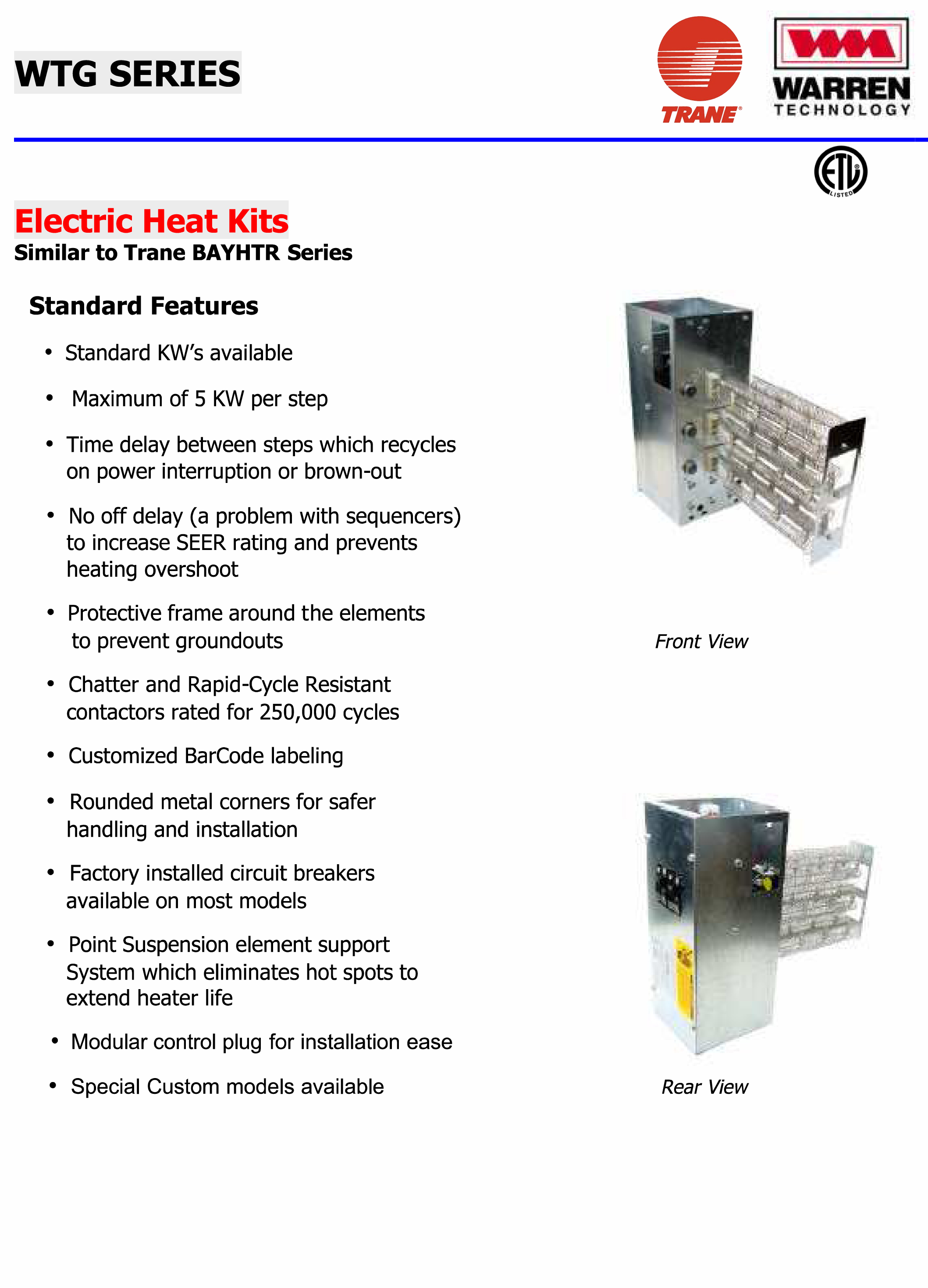 American Standard/Trane Heater BAYHTRV110F 7.50/10.0 kW 208/240V, 1 Phase 